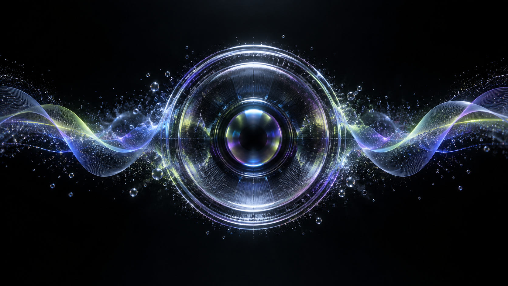 Luminous glass speaker surrounded by sound waves